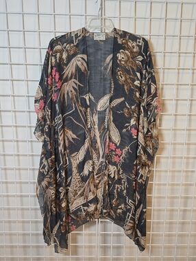 One Hundred Stars Boho Gray, Pink, Tan Floral Motif Sheer Long Kimono One Size